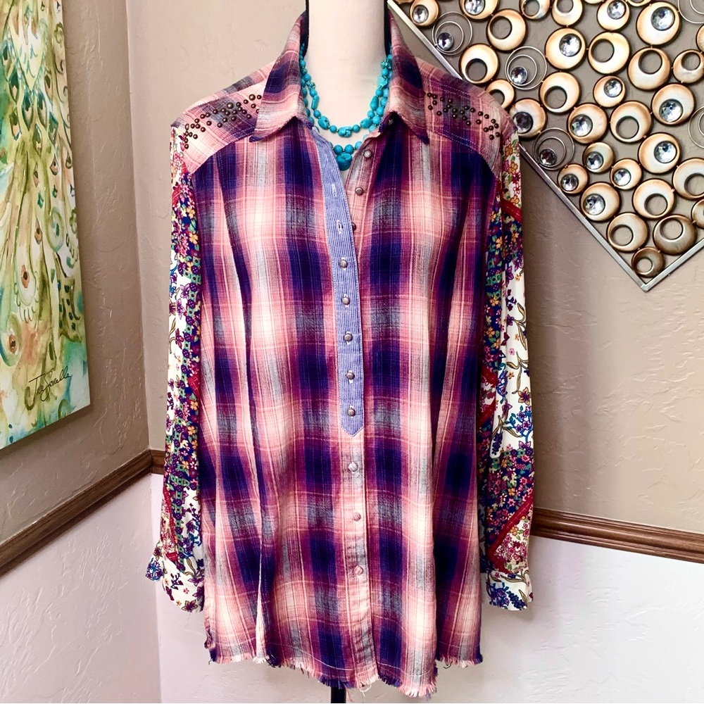 Upcycled Mixed Media Boho Studded Western Floral Print Button Down Sz XL-2X